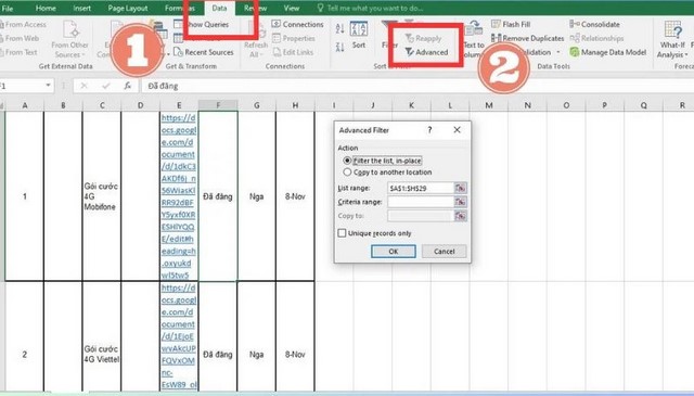 Ảnh 1: Minh họa các bước tạo bộ lọc trong Excel 